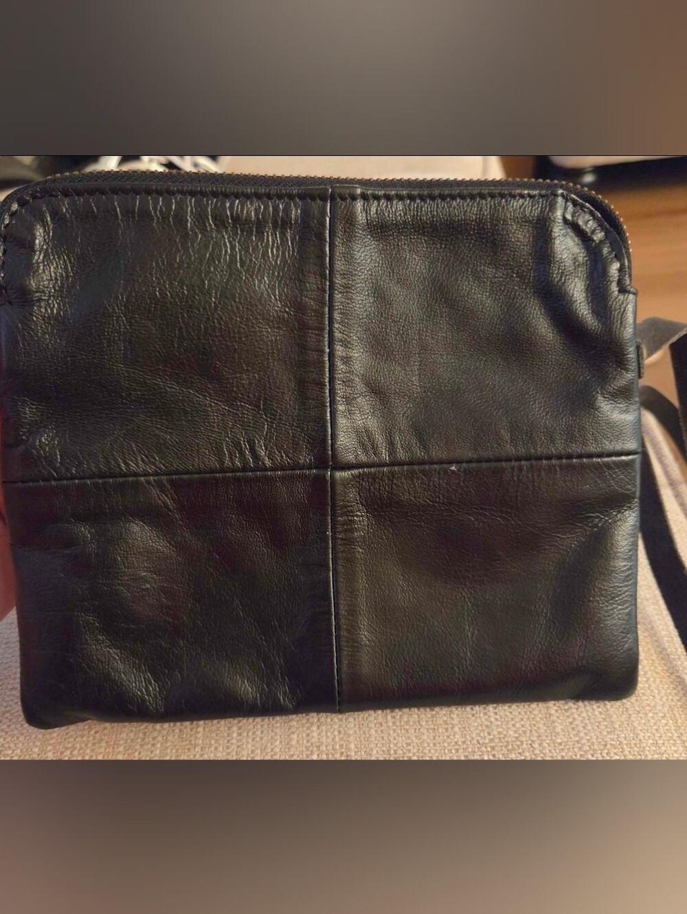 Indiska Black Genuine Leather Crossbody Bag Minimalist Scandinavian Zip Purse
